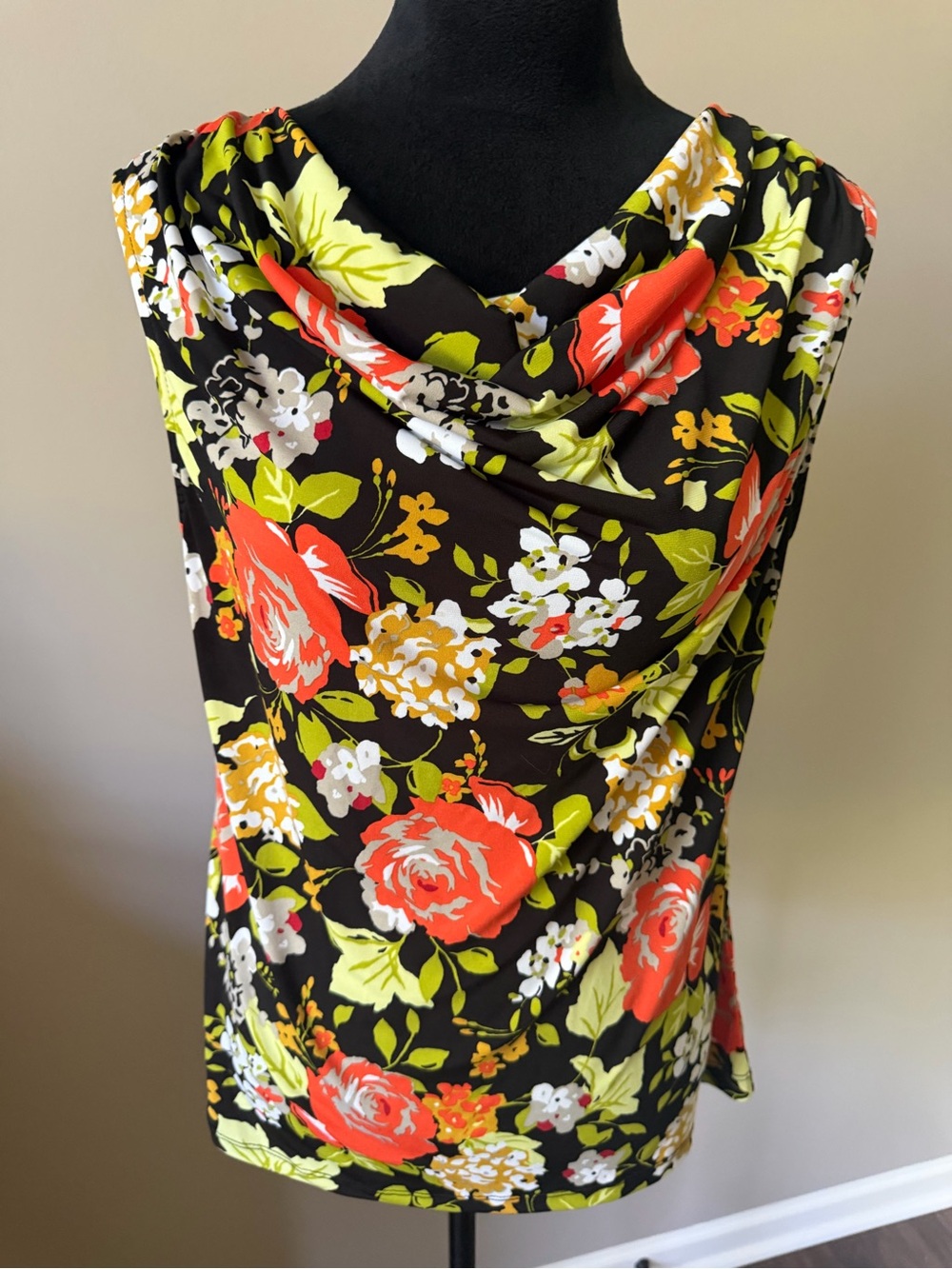 Black Label By Evan Picone Floral Cowl Neck Sleeveless Top Black w/ Coral Lime M